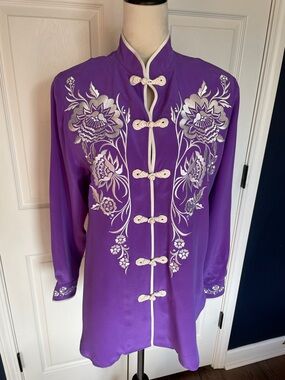 NWT Bob Mackie Purple Button-Down White Embroidered Floral Tunic Mandarin Collar
